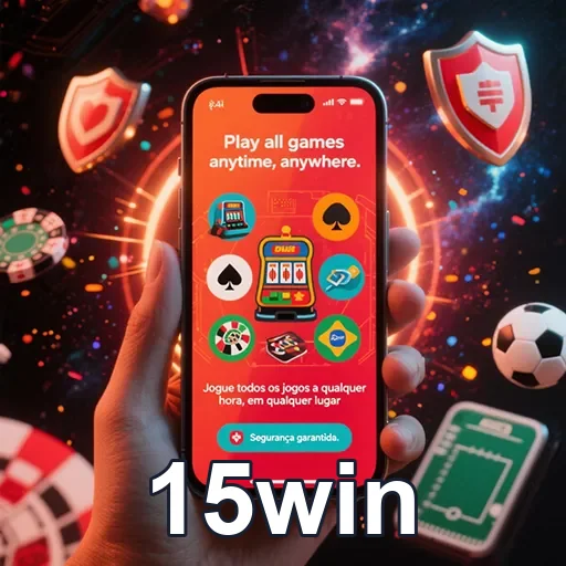 Imagem de smartphone exibindo login rápido e opções de saque na 15win casino mobile